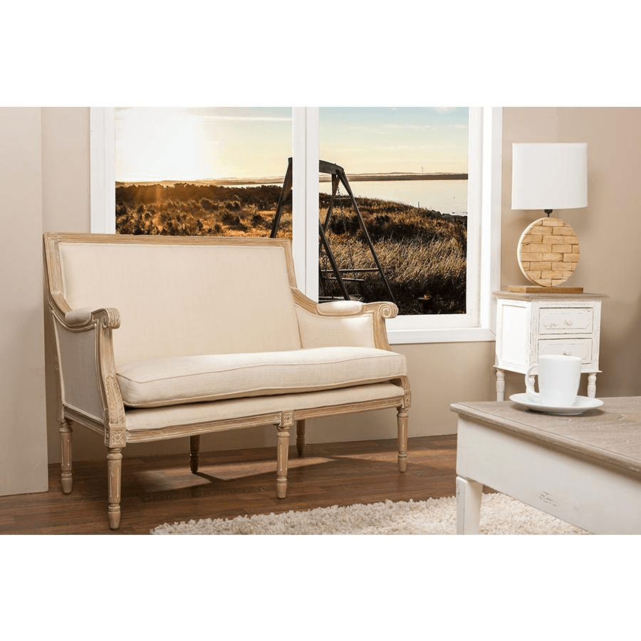 CHAVANON | Wood & Light Beige Linen Traditional French Loveseat - Disselt Designs