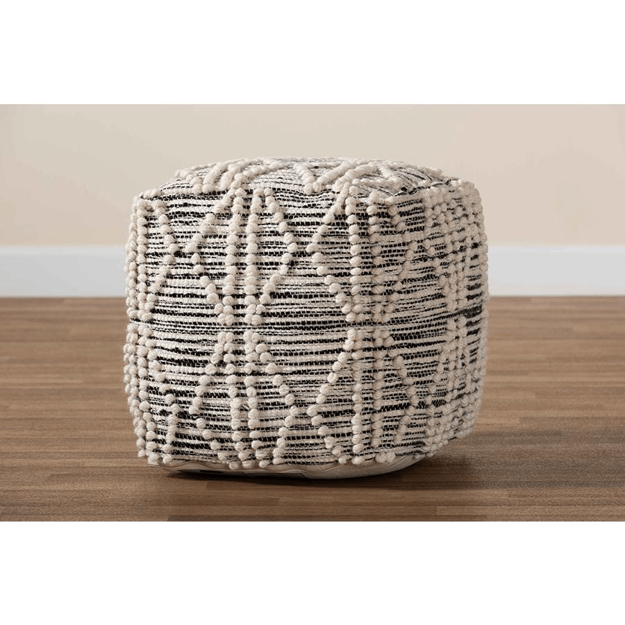 SENTIR | Moroccan Inspired Ivory and Black Handwoven Wool Blend Pouf Ottoman - Disselt Designs