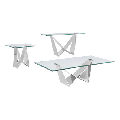 ANGLE | 3pc glass coffee table set with silver base (Coffee + End + Console table)