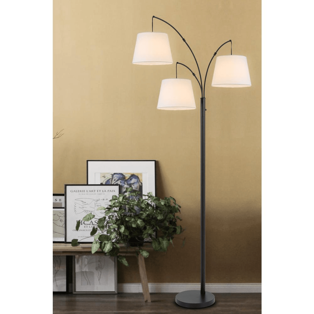 VARDON | Black Metal Arc Floor Lamp With Hardback Fabric Shade - Disselt Designs