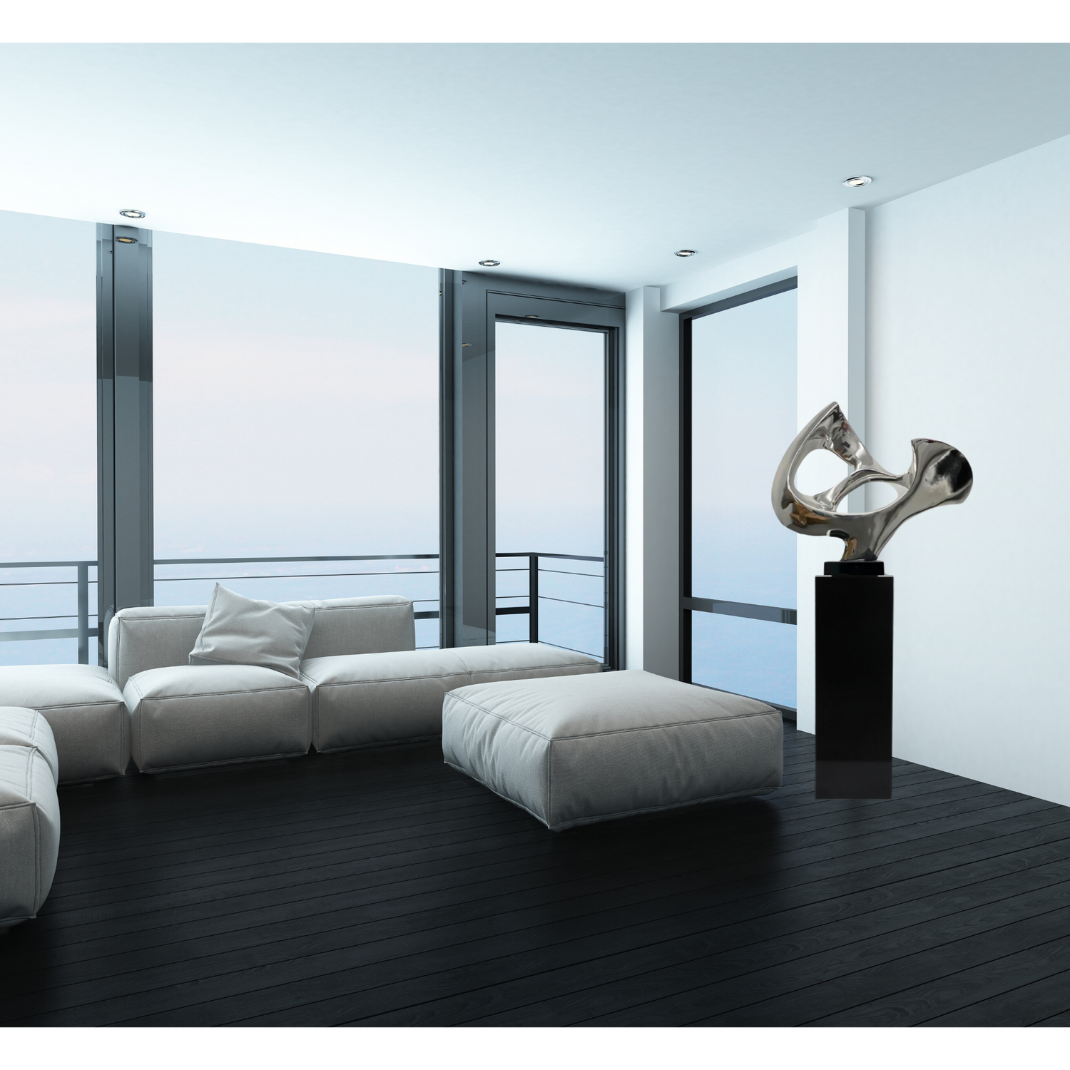 Abstract Mask 54" Tall Floor Sculpture // Chrome with Black Stand - Disselt Designs