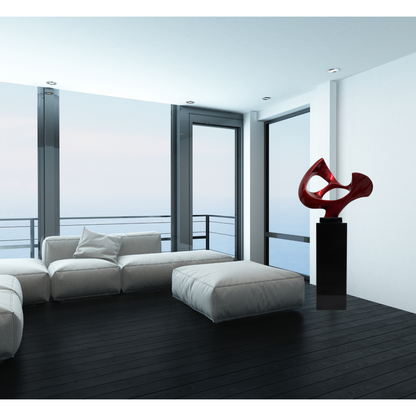 Abstract Mask 54" Tall Floor Sculpture // Metallic Red and Black Stand - Disselt Designs
