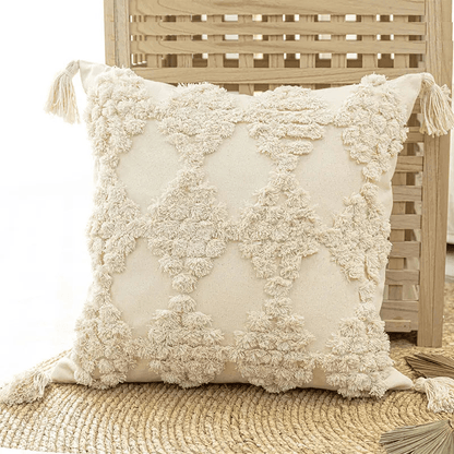 MOROCCO | Beige Tasseled Tufted Pillow Cover - Disselt Designs