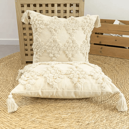 MOROCCO | Beige Tasseled Tufted Pillow Cover - Disselt Designs