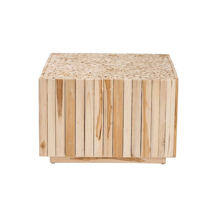 AUGUSTA | Bohemian Natural Teak Wood Coffee Table with Unique Repurposed Wood Logs - Disselt Designs