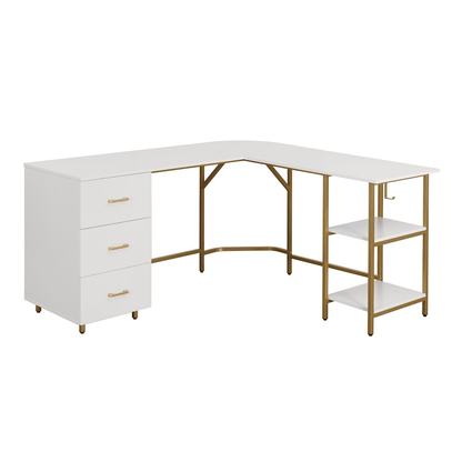 MARTA | L-Shape Office Two-Tone Desk with Storage, (White + Gold) - Disselt Designs