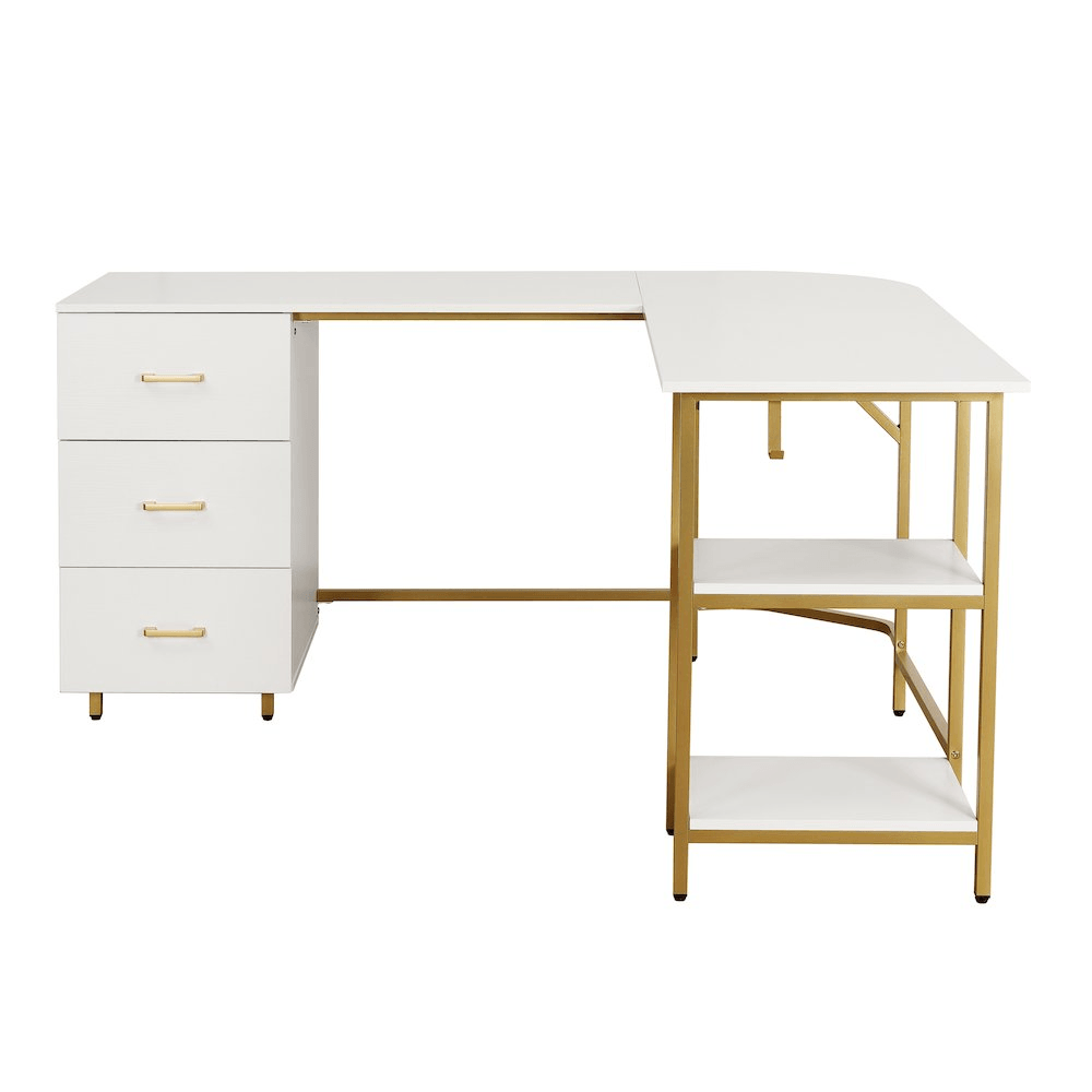 MARTA | L-Shape Office Two-Tone Desk with Storage, (White + Gold) - Disselt Designs