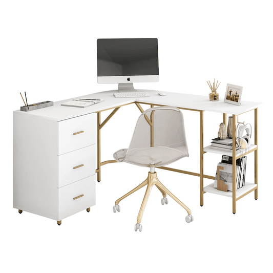 MARTA | L-Shape Office Two-Tone Desk with Storage, (White + Gold) - Disselt Designs