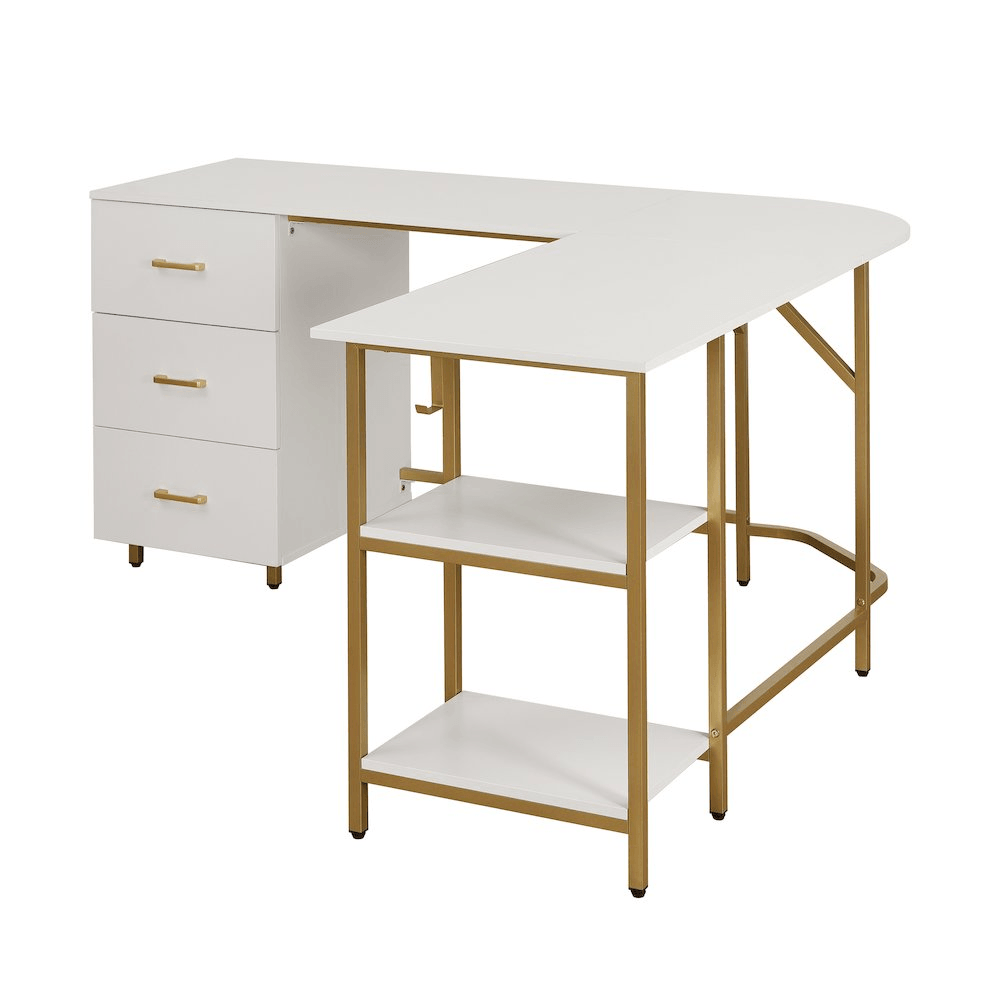 MARTA | L-Shape Office Two-Tone Desk with Storage, (White + Gold) - Disselt Designs