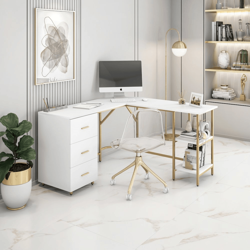 MARTA | L-Shape Office Two-Tone Desk with Storage, (White + Gold) - Disselt Designs