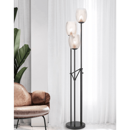 OCONTO | 3-Light Metal Floor Torchiere Lamp With Patterned Glass Shades. - Disselt Designs