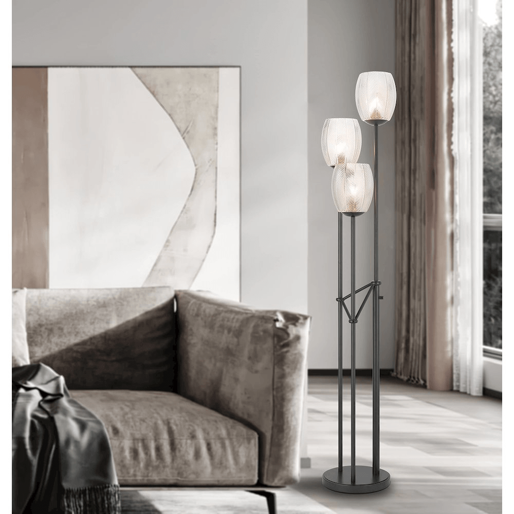 OCONTO | 3-Light Metal Floor Torchiere Lamp With Patterned Glass Shades. - Disselt Designs