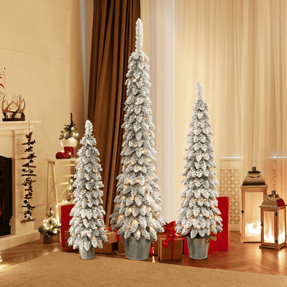 TREE TRIO | 3-Piece Snow-Flocked Slim Artificial Tree Set with Battery Operated Lights - Disselt Designs