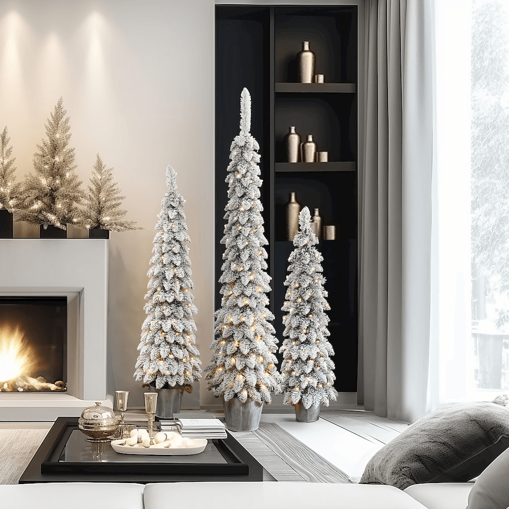 TREE TRIO | 3-Piece Snow-Flocked Slim Artificial Tree Set with Battery Operated Lights - Disselt Designs