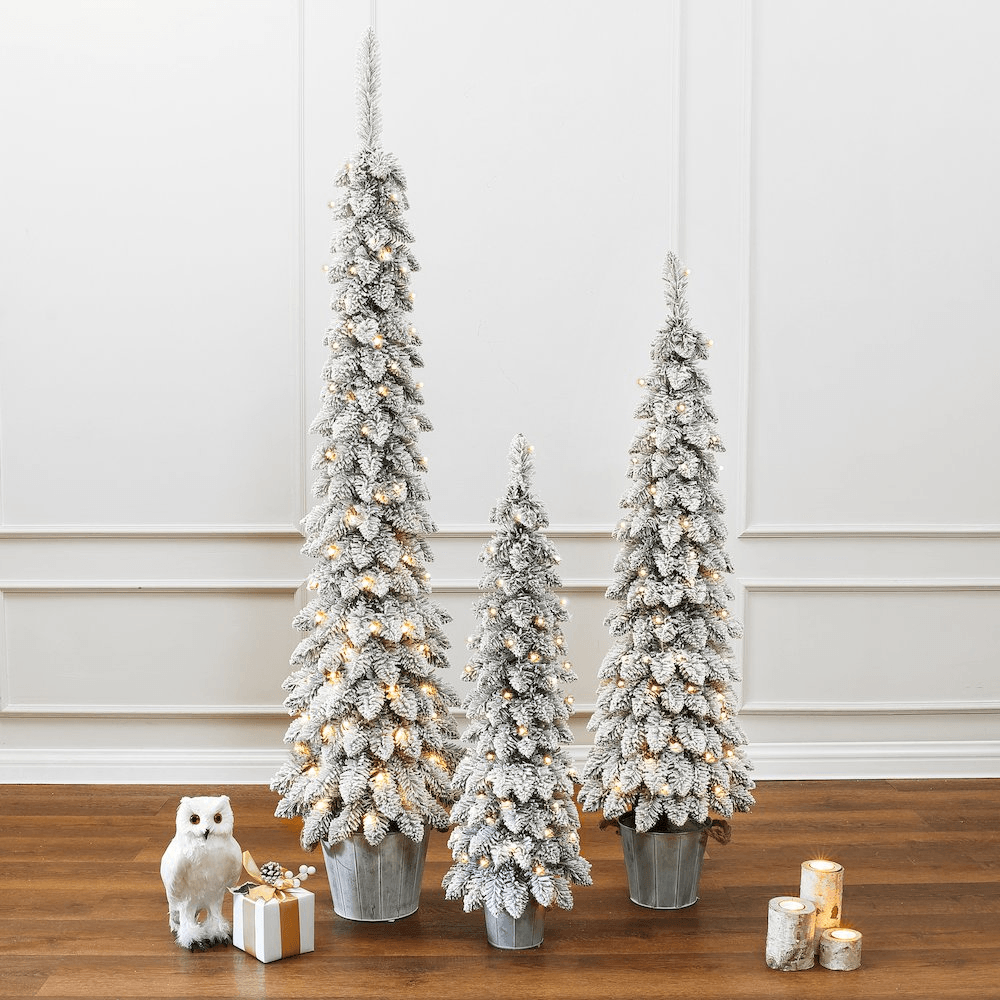 TREE TRIO | 3-Piece Snow-Flocked Slim Artificial Tree Set with Battery Operated Lights - Disselt Designs