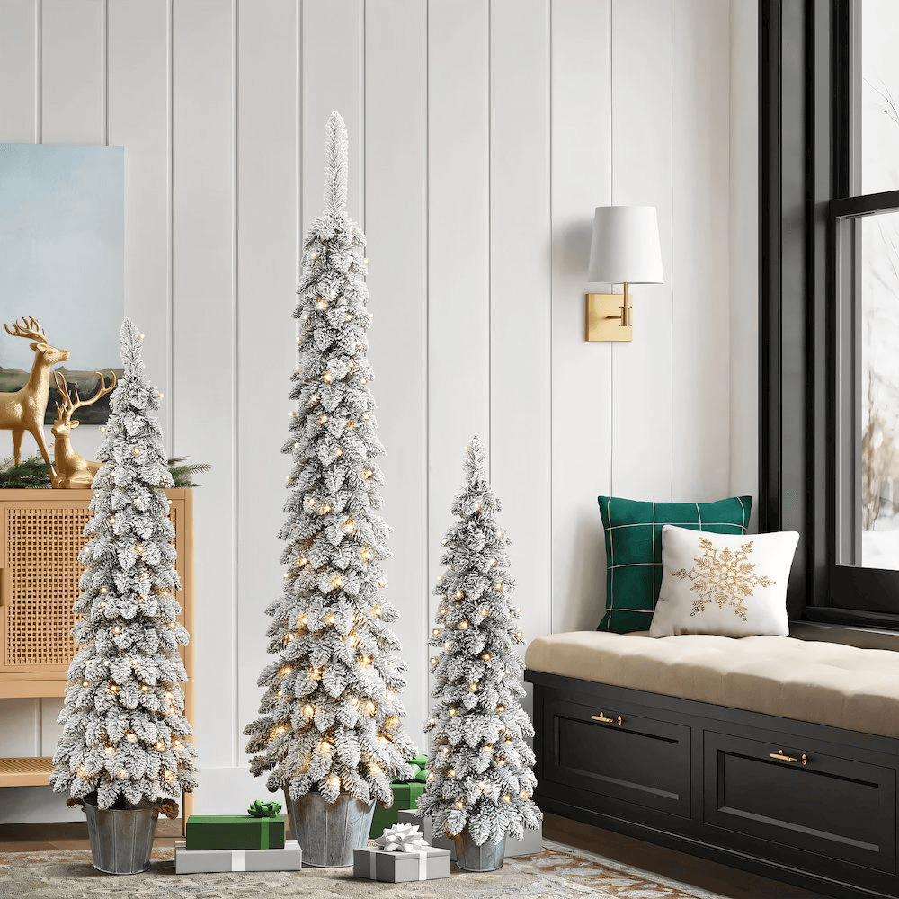 TREE TRIO | 3-Piece Snow-Flocked Slim Artificial Tree Set with Battery Operated Lights - Disselt Designs