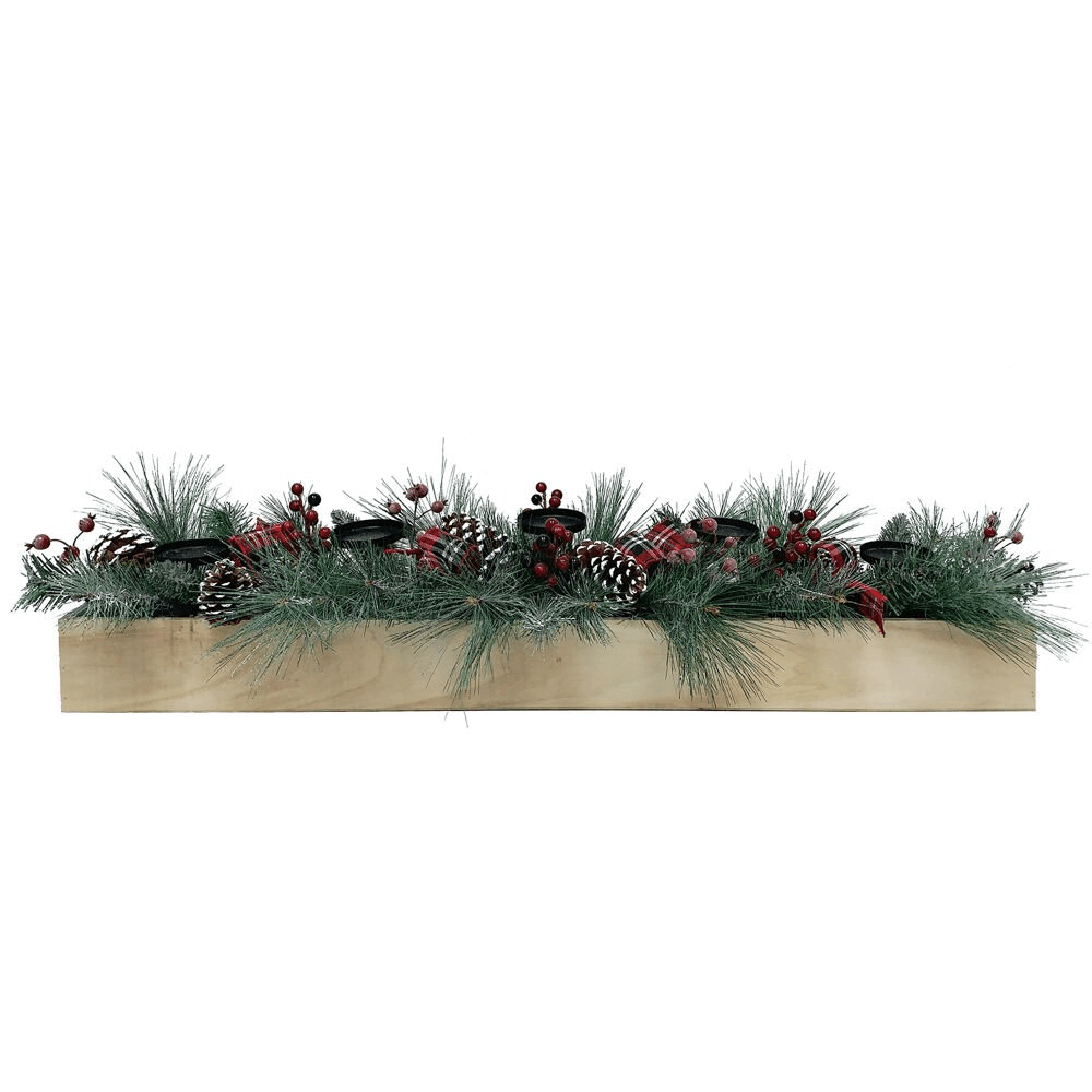 42" Christmas Pinecone/Red Berry Mixed Pine, 5X Candle Holder - Disselt Designs