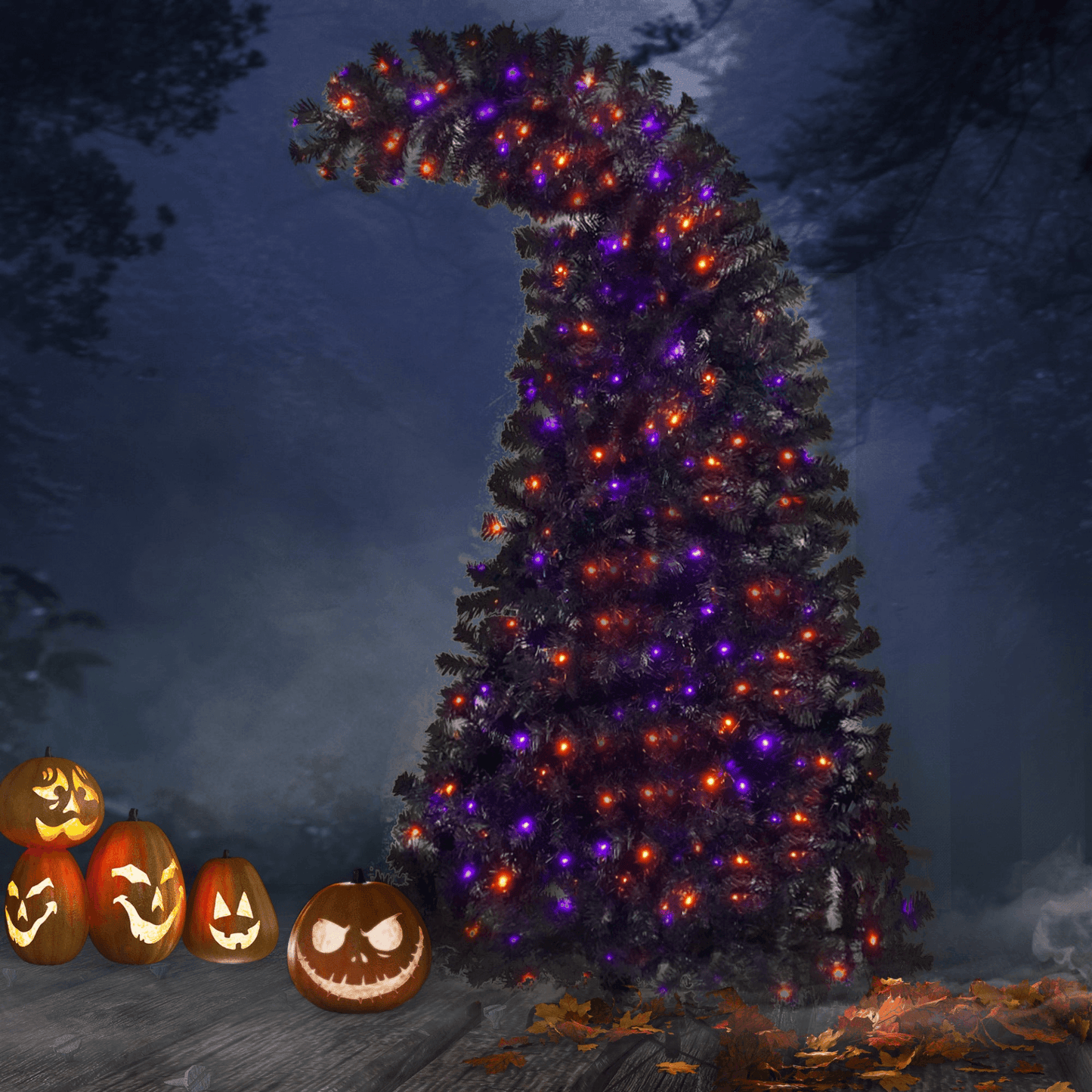 SPOOKY TREE | 6FT Fir Bent-Top Halloween Christmas Tree w/1,080 Lush Branch Tips, 300 LED Lights - Disselt Designs