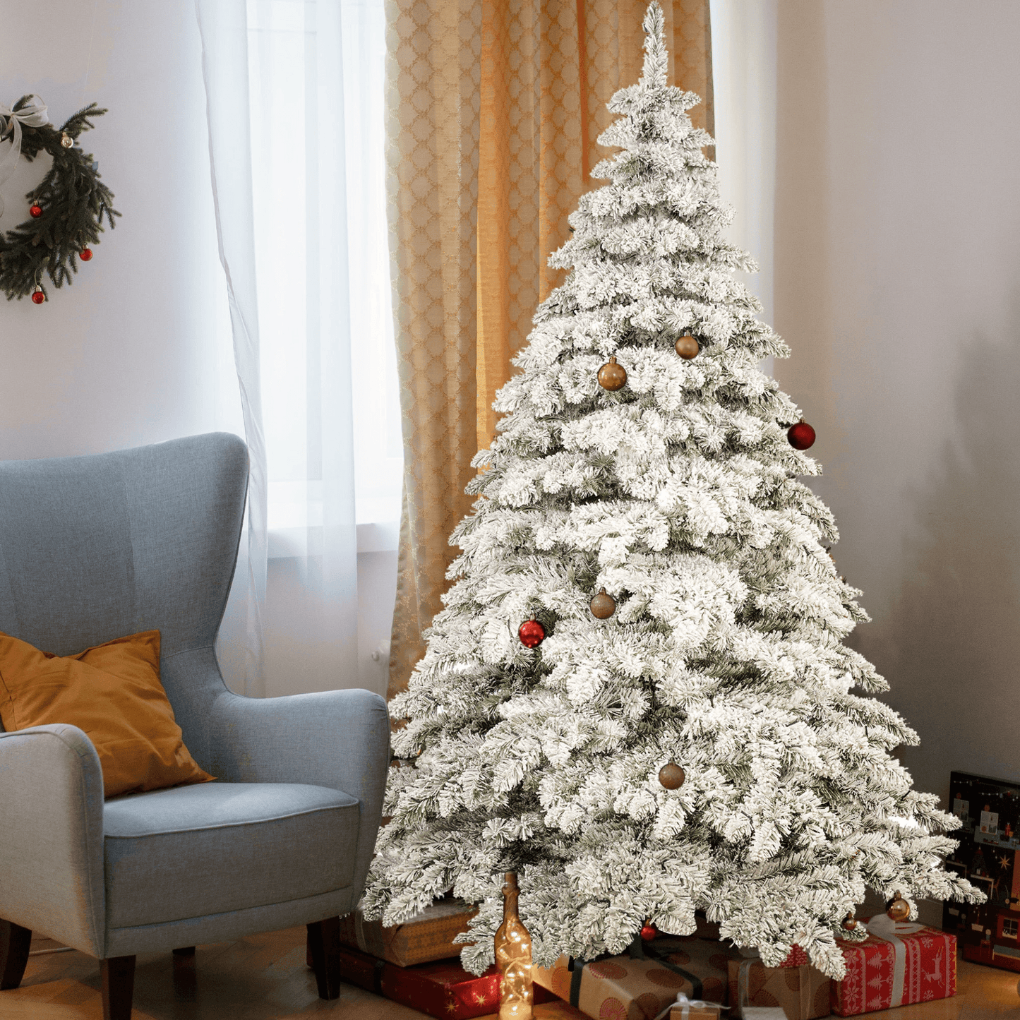 FLOCKED PRE-LIT 7.5 | 7.5ft Artificial Christmas Tree with 400 LED Lights and 1050 Bendable Branches - Disselt Designs