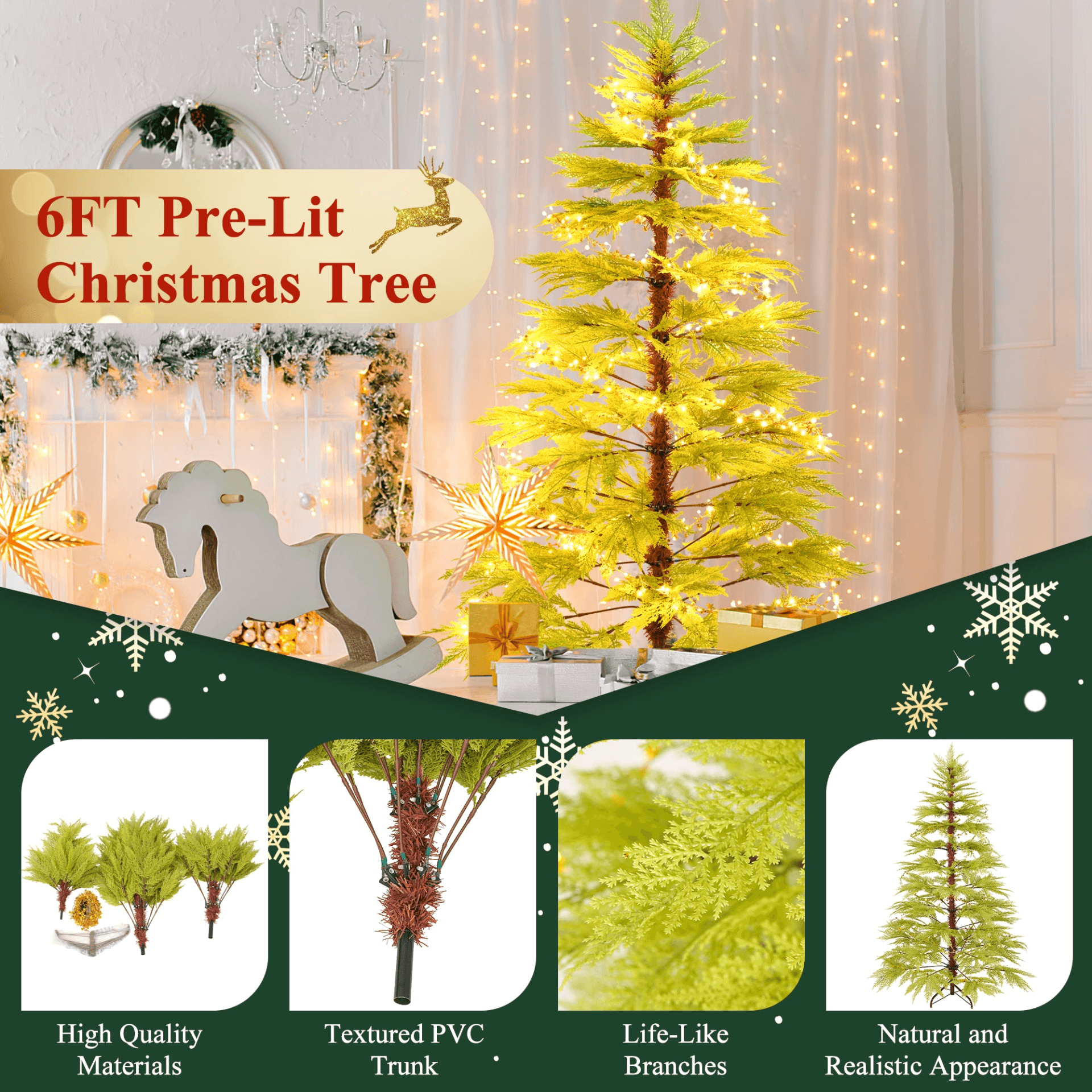 CYPRESS GREEN PRE-LIT 6 | 6ft Artificial Christmas Tree with 300 LED Lights and 600 Branch Tips, Imitation Cypress Leaf Xmas Tree - Disselt Designs