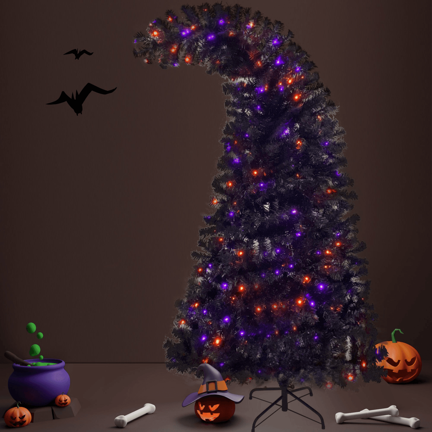 SPOOKY TREE | 6FT Fir Bent-Top Halloween Christmas Tree w/1,080 Lush Branch Tips, 300 LED Lights - Disselt Designs