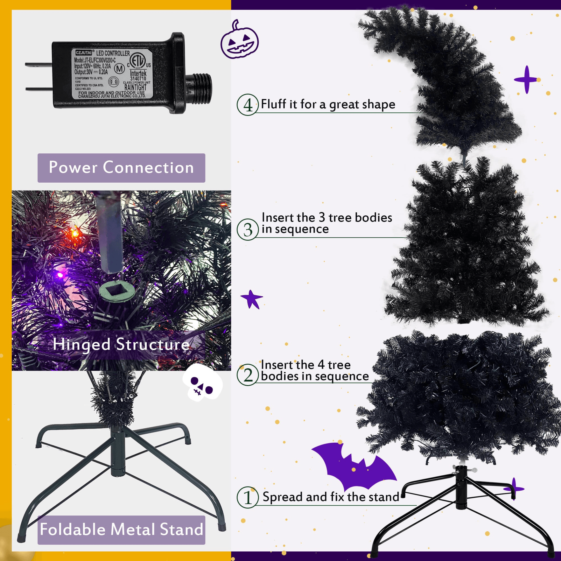 SPOOKY TREE | 6FT Fir Bent-Top Halloween Christmas Tree w/1,080 Lush Branch Tips, 300 LED Lights - Disselt Designs