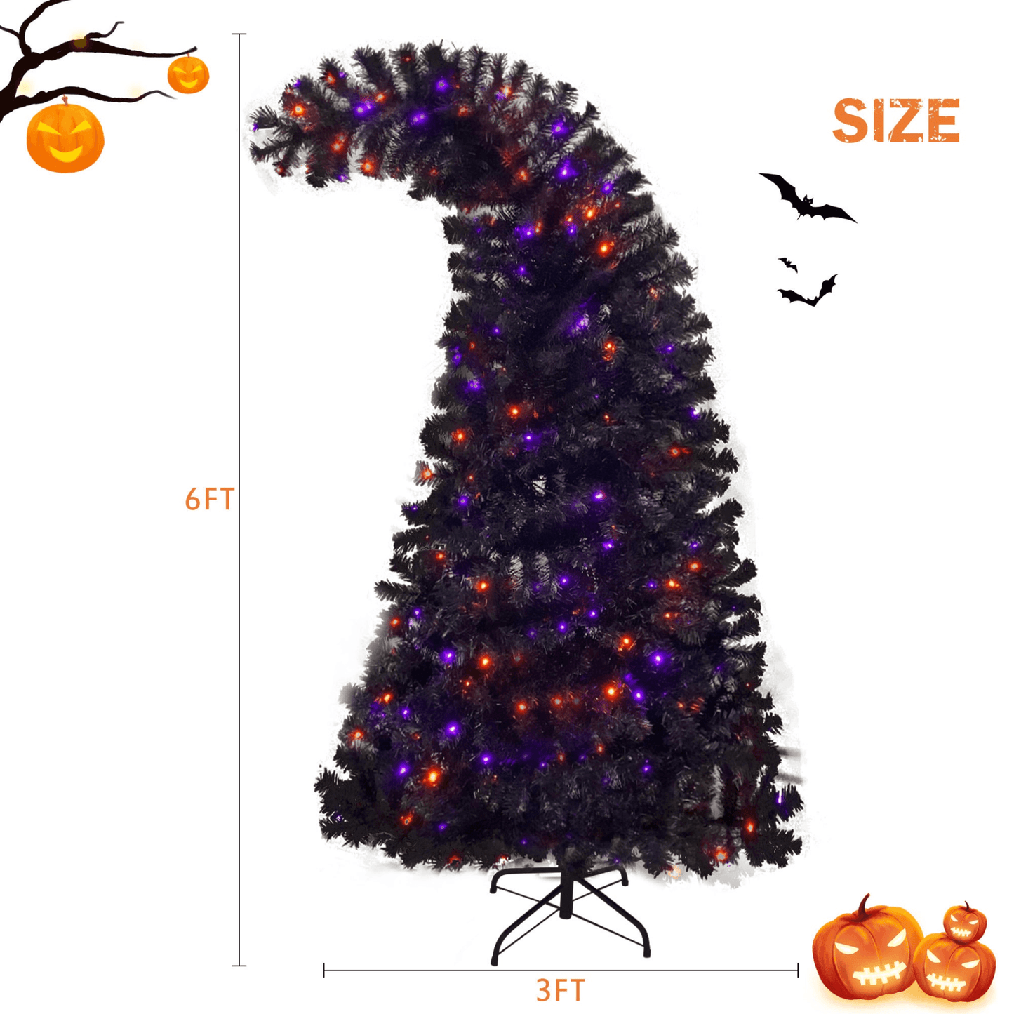 SPOOKY TREE | 6FT Fir Bent-Top Halloween Christmas Tree w/1,080 Lush Branch Tips, 300 LED Lights - Disselt Designs