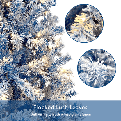 BLUE FLOCKED PRE-LIT 6 | 6FT Pre-Lit Hinged Fir Christmas Tree, w/750 Branch Tips - Disselt Designs