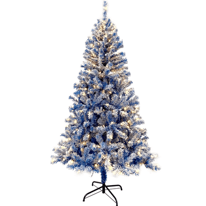 BLUE FLOCKED PRE-LIT 6 | 6FT Pre-Lit Hinged Fir Christmas Tree, w/750 Branch Tips - Disselt Designs