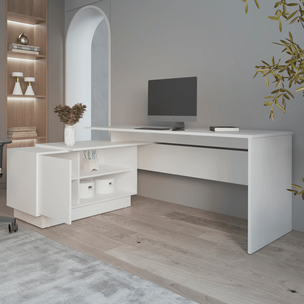 FARRELL | L-Shaped Desk, Office, White - Disselt Designs