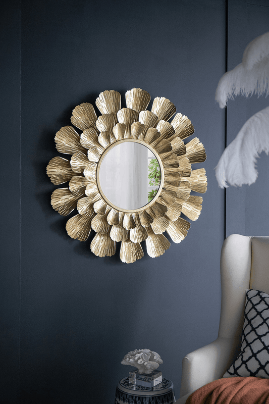 TAMARA | Round Gold Metal Mirror with Trumpet Vine Motif, 37x3" - Disselt Designs