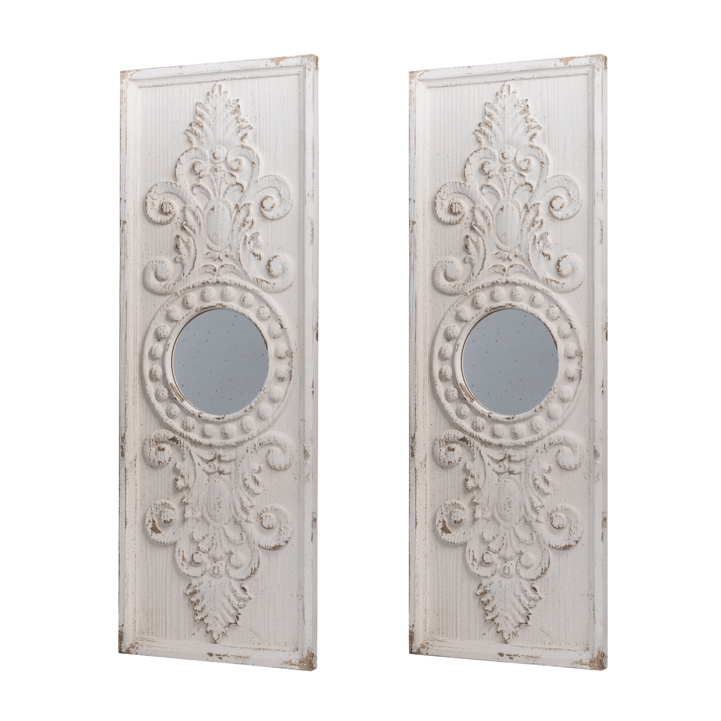 BETTY | Distressed White Wooden Wall Art Panels with Round Mirror Accents,17" x 48" - Disselt Designs