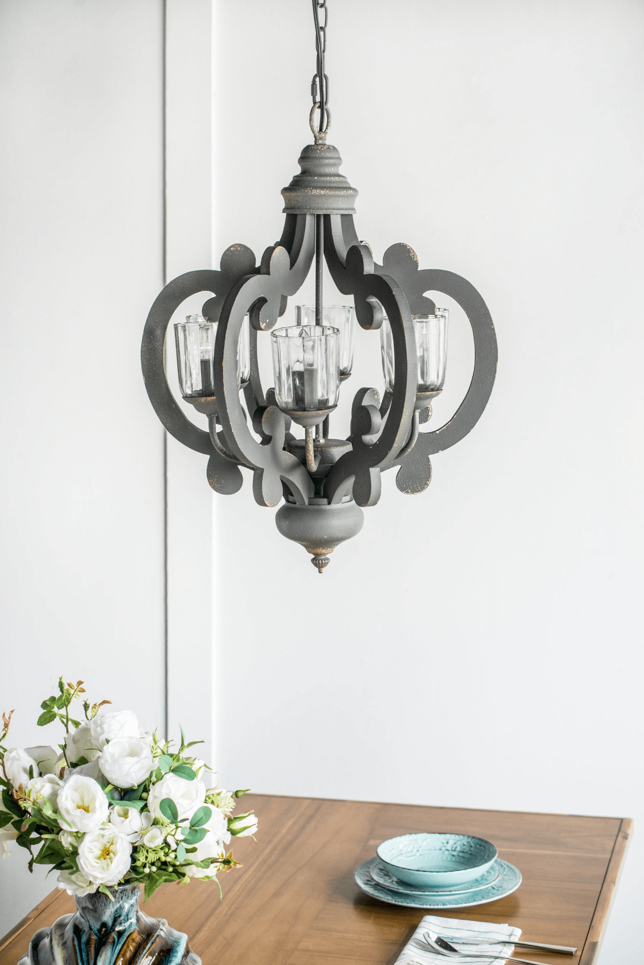 ROXANNA | Charcoal Gray Rustic 6-Light Wood Chandelier Pendant - Disselt Designs