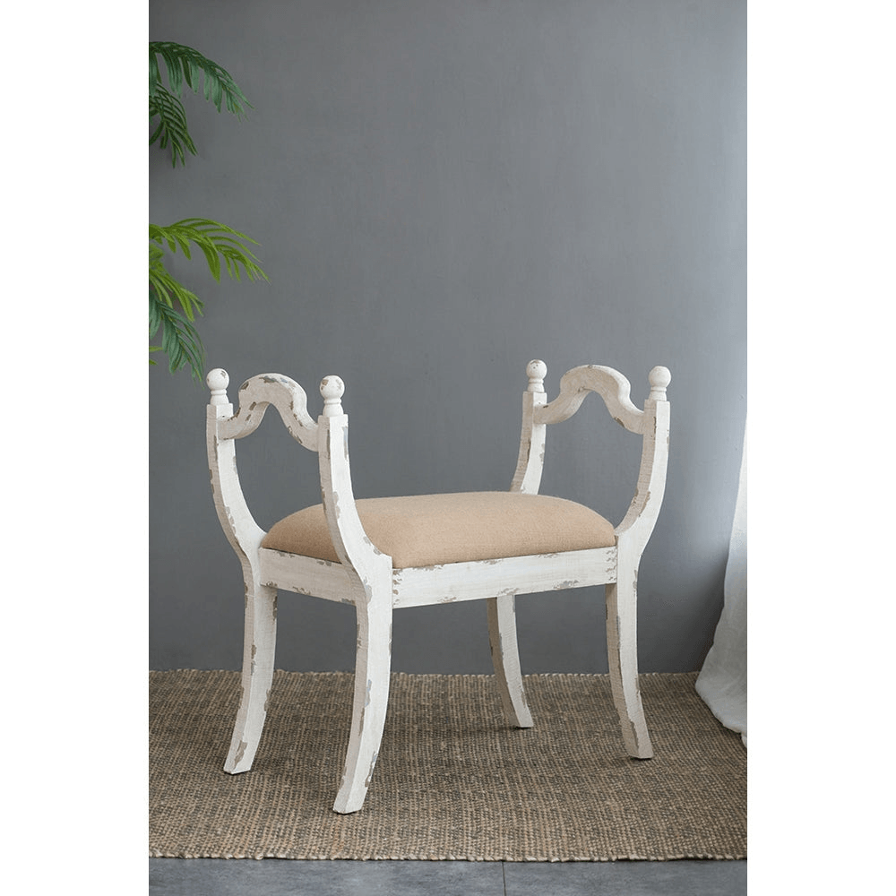 HARLOW | Distressed White Farmhouse/French Country Style Bench or Vanity Chair - Disselt Designs