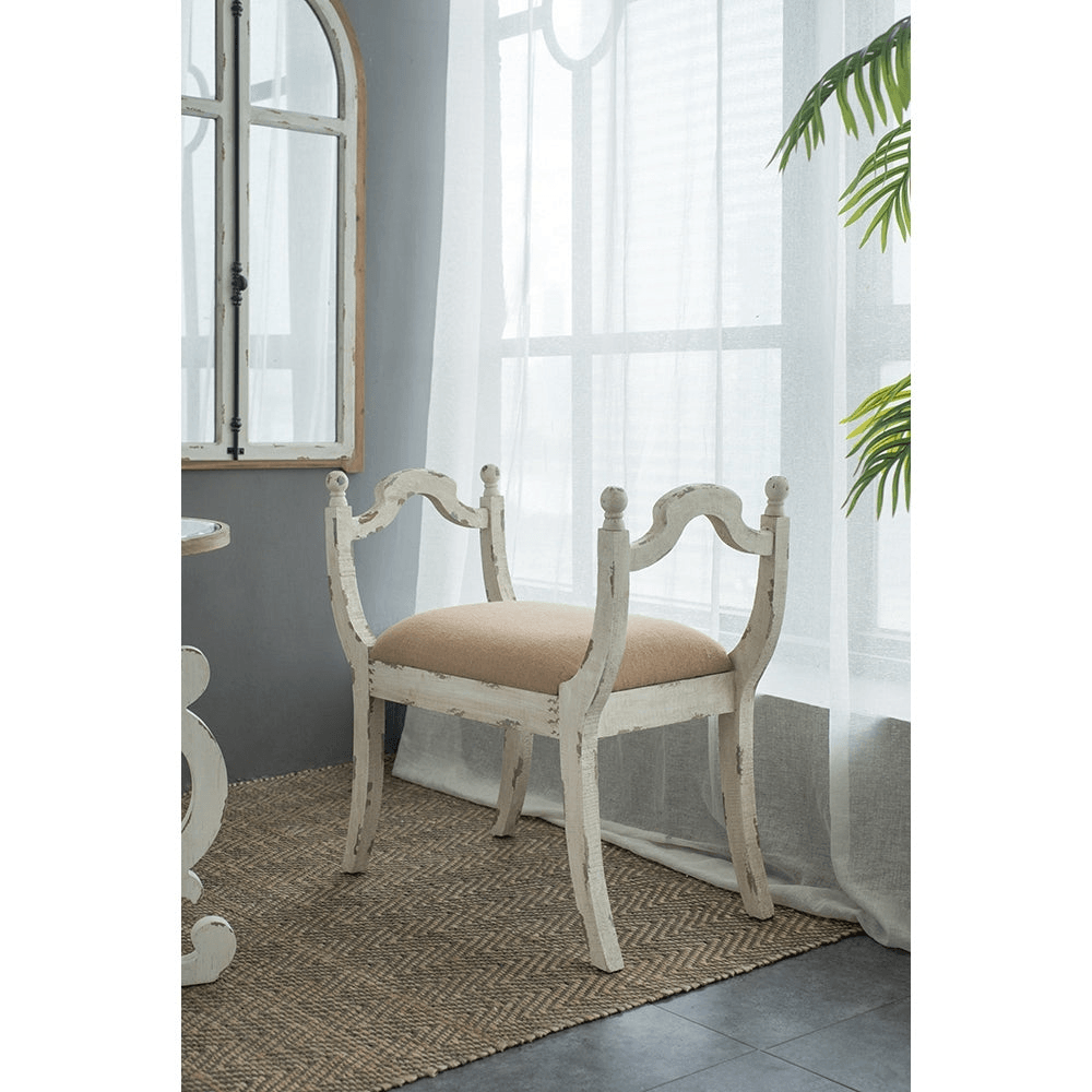 HARLOW | Distressed White Farmhouse/French Country Style Bench or Vanity Chair - Disselt Designs