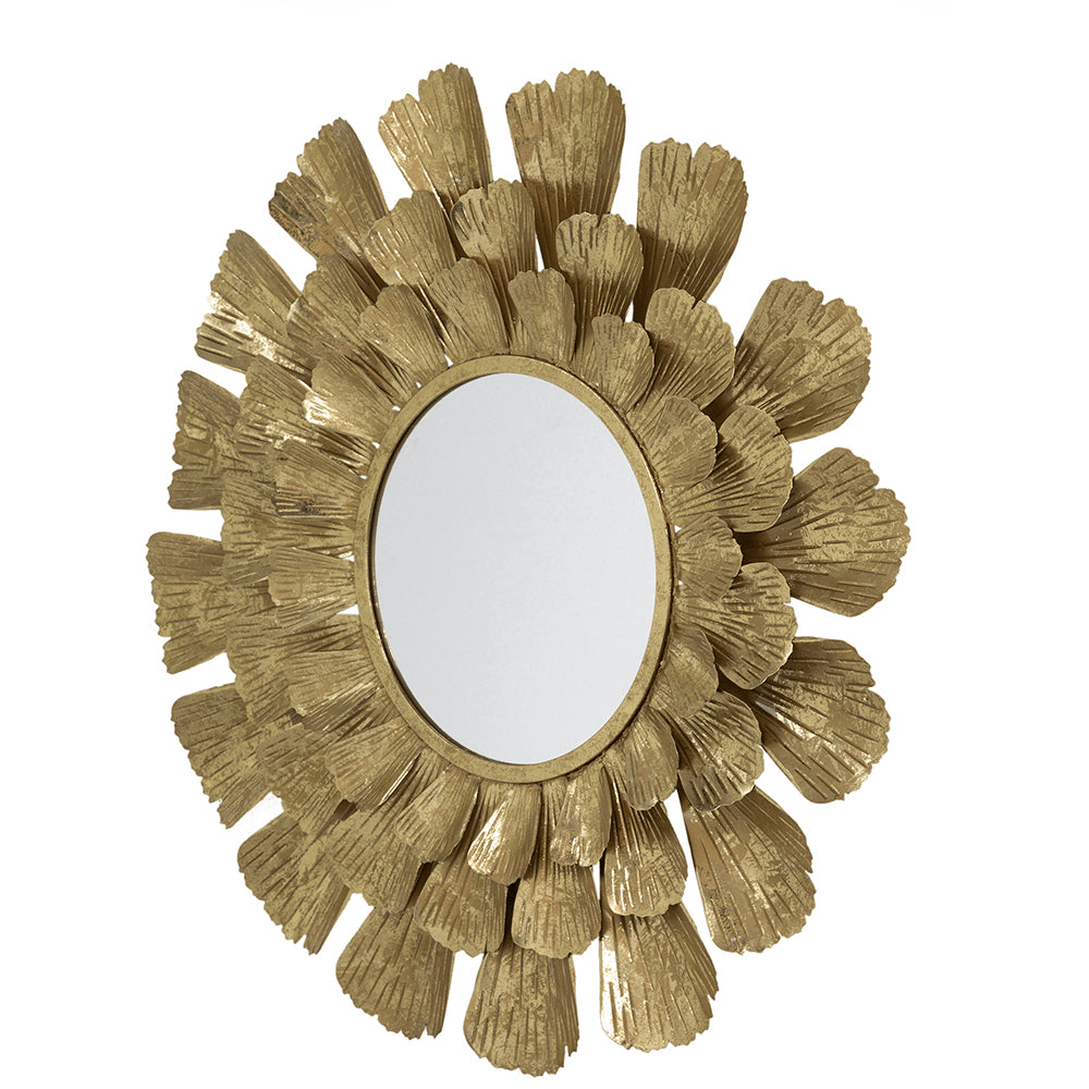 TAMARA | Round Gold Metal Mirror with Trumpet Vine Motif, 37x3" - Disselt Designs