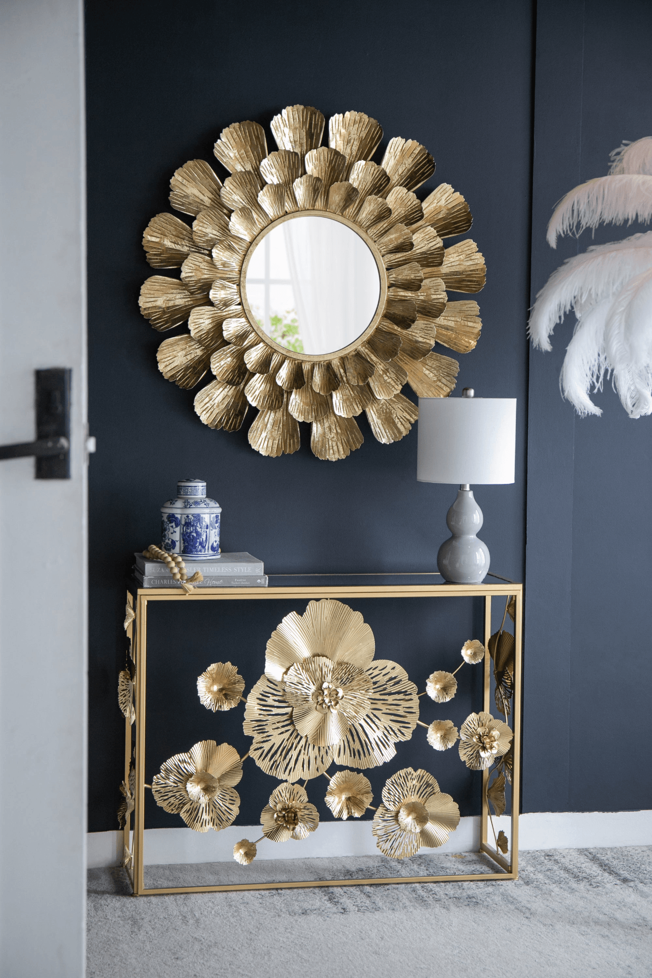 TAMARA | Round Gold Metal Mirror with Trumpet Vine Motif, 37x3" - Disselt Designs