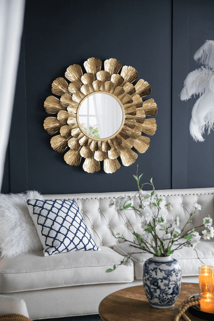 TAMARA | Round Gold Metal Mirror with Trumpet Vine Motif, 37x3" - Disselt Designs