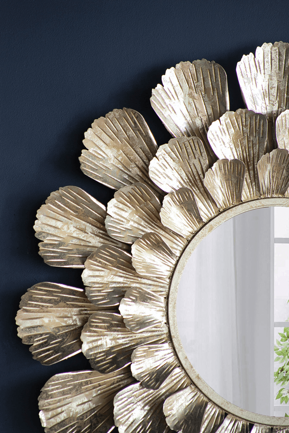 TAMARA | Round Gold Metal Mirror with Trumpet Vine Motif, 37x3" - Disselt Designs