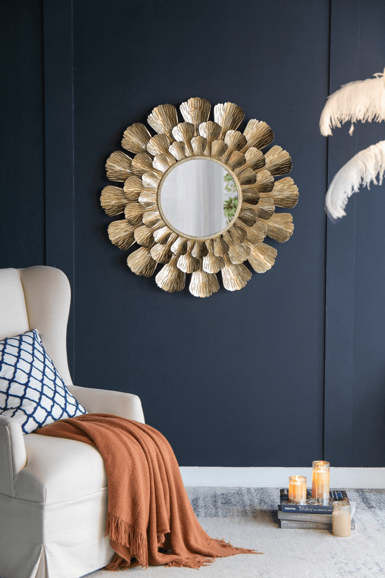 TAMARA | Round Gold Metal Mirror with Trumpet Vine Motif, 37x3" - Disselt Designs