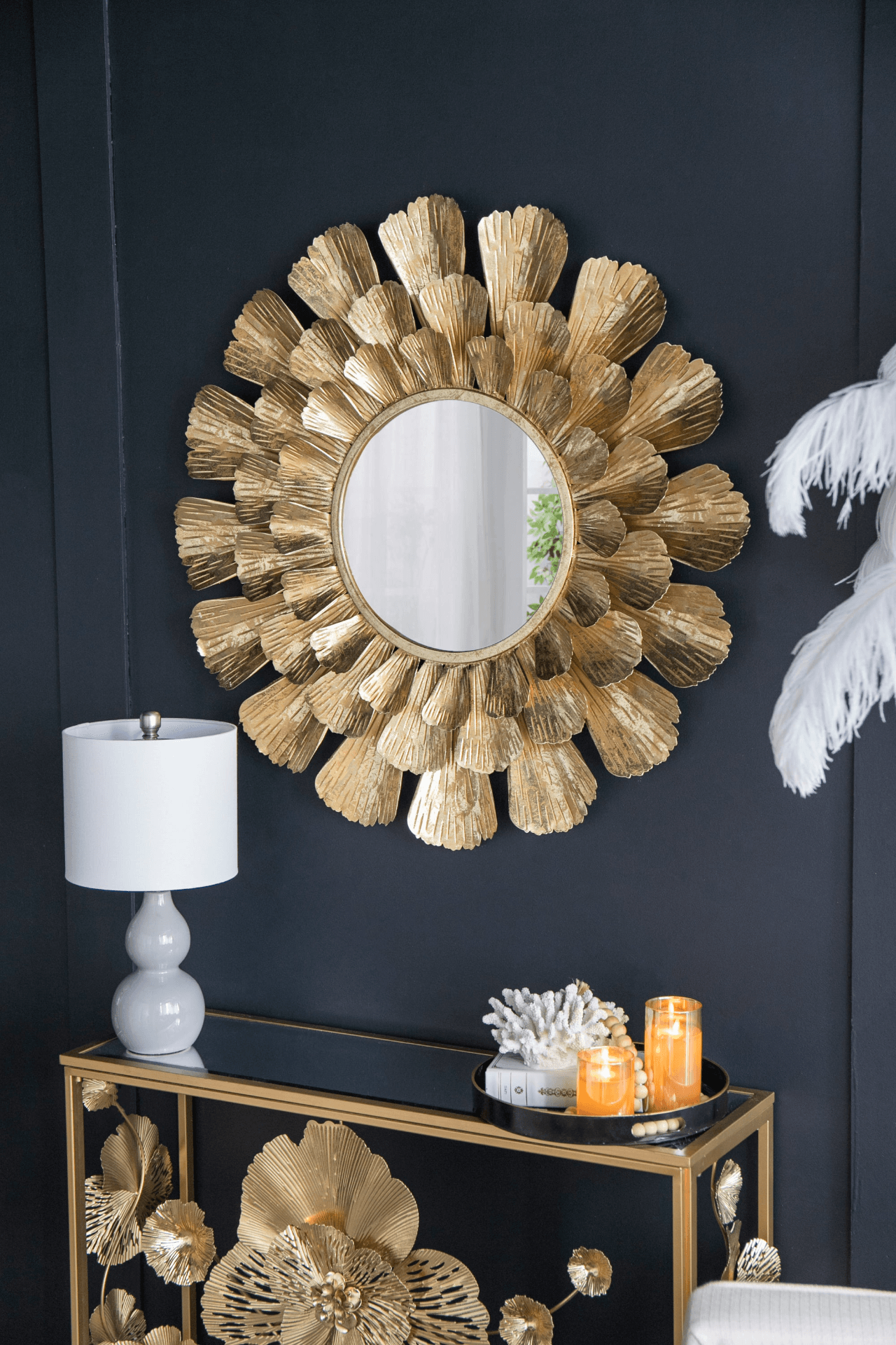 TAMARA | Round Gold Metal Mirror with Trumpet Vine Motif, 37x3" - Disselt Designs