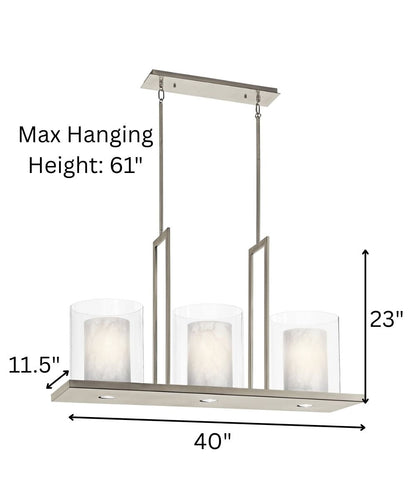 Triad 40"W 6-Light Classic Pewter Finish Clear Glass White Vetro Mica Shades Linear Chandelier by Kichler