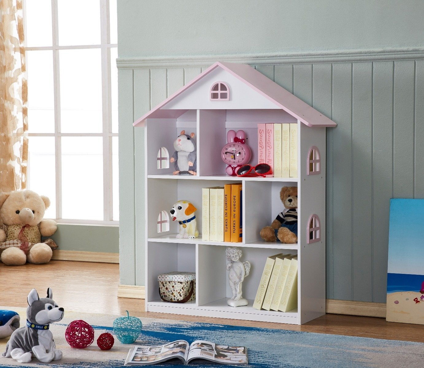 KIDS DOLLHOUSE | Kids Dollhouse Bookshelf - Pink Doll House