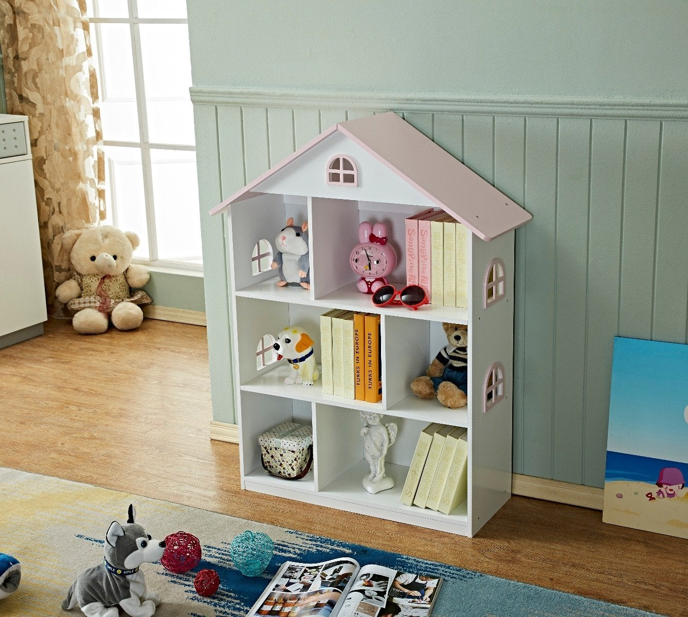 KIDS DOLLHOUSE | Kids Dollhouse Bookshelf - Pink Doll House