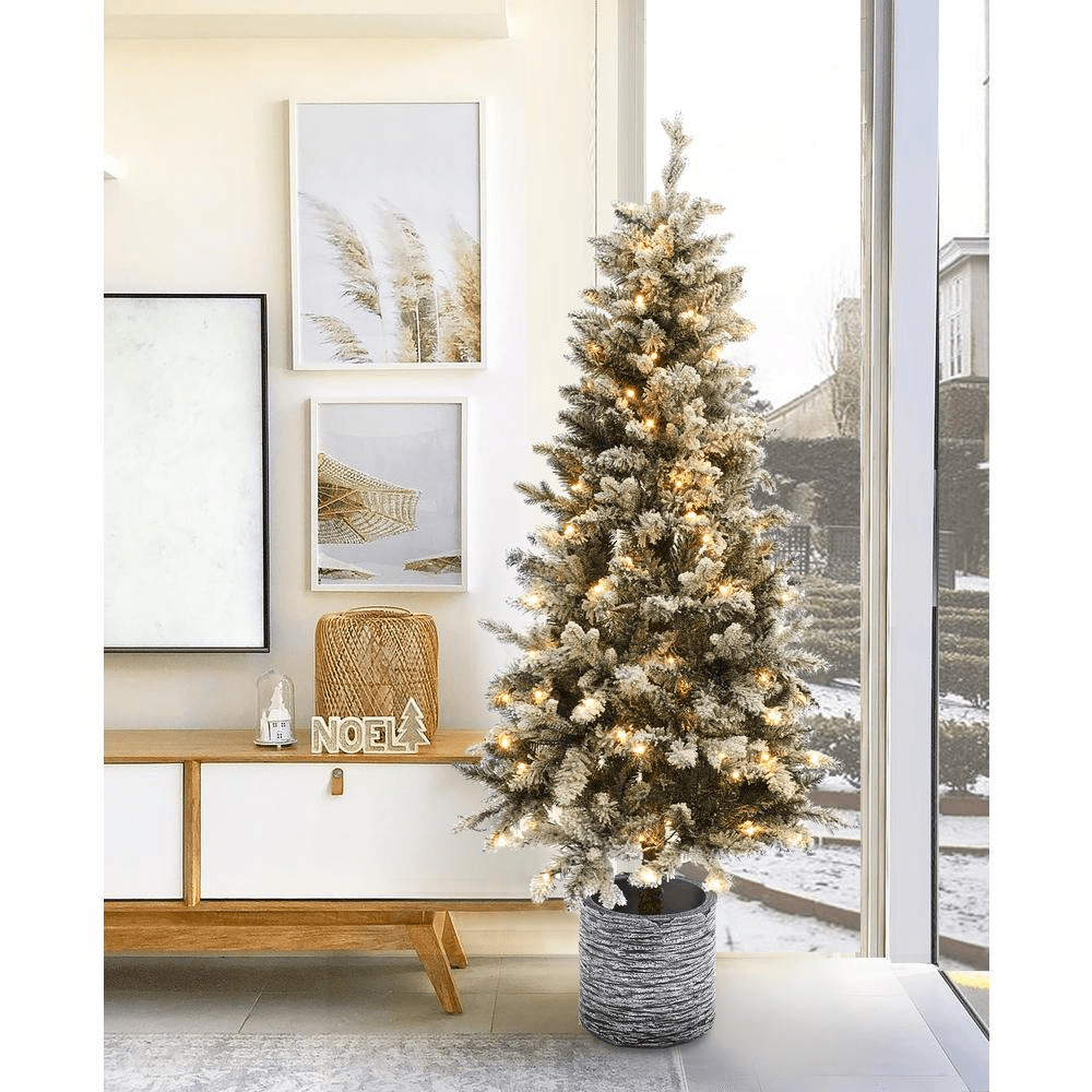 SLIM FLOCKED PRE-LIT 5.6 | 5.6Ft Pre-Lit LED Artificial Slim Fir Christmas Tree with Pot - Disselt Designs