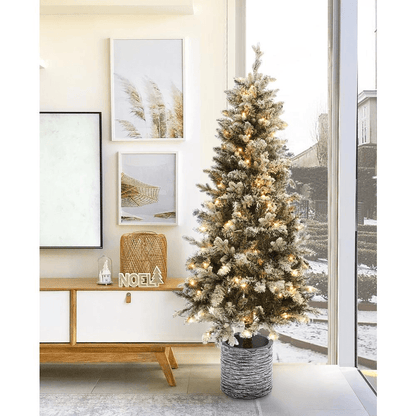 SLIM FLOCKED PRE-LIT 5.6 | 5.6Ft Pre-Lit LED Artificial Slim Fir Christmas Tree with Pot - Disselt Designs