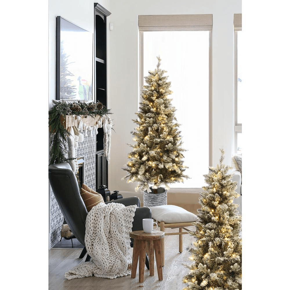 SLIM FLOCKED PRE-LIT 5.6 | 5.6Ft Pre-Lit LED Artificial Slim Fir Christmas Tree with Pot - Disselt Designs